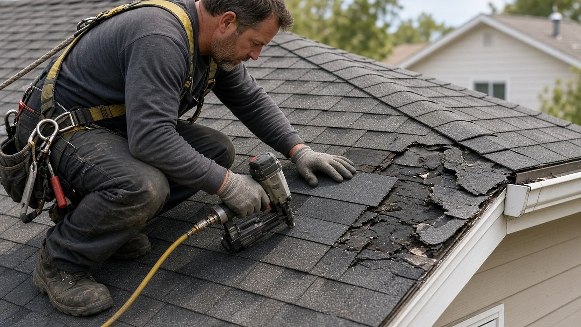 Roofer repairing damaged shingles on a residential roof