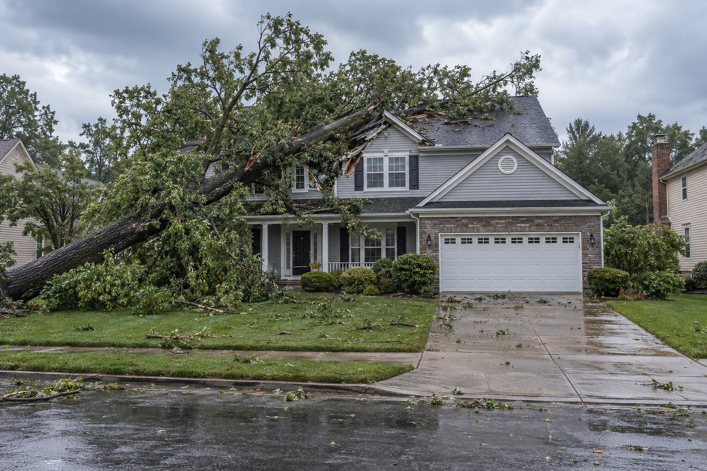 Fallen tree resting across the storm-damaged roof of a house