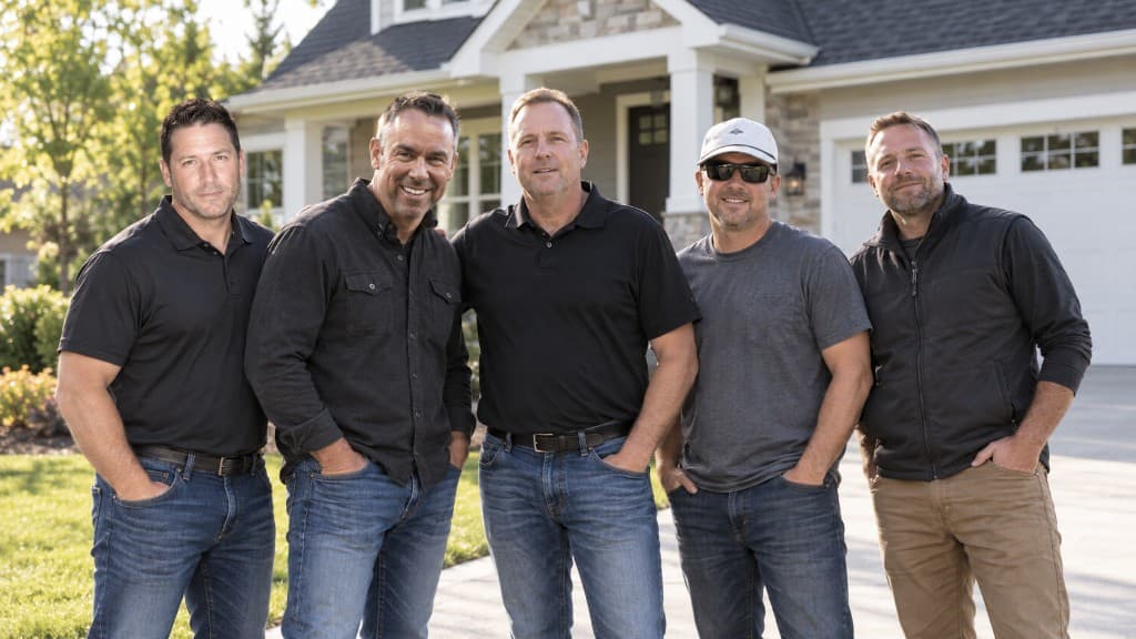 Armor team standing in front of a home